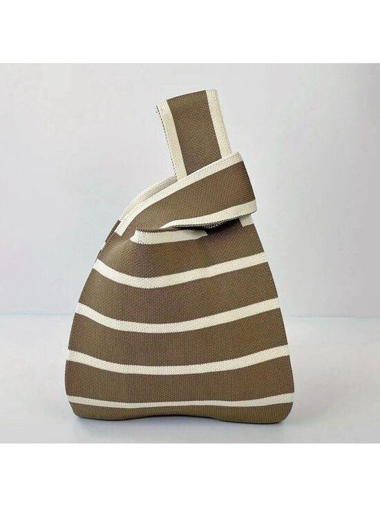 Boutique Handbags - Heavy Woven Knit Striped Pattern Tote Purse Bag Japanese Knot Closure Style